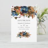 Ginger en Navy Bloemen Bruiloftsfoto Save The Date (Staand voorkant)