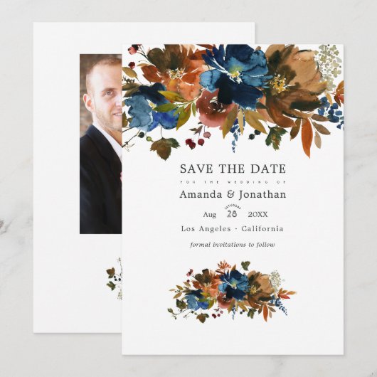 Ginger en Navy Bloemen Bruiloftsfoto Save The Date (Voorkant / Achterkant)