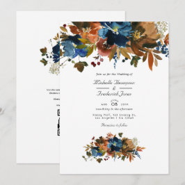 Ginger en Navy Bloemencode QR Code RSVP Huwelijk Kaart