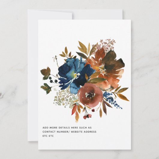 Ginger en Navy Bloemrijke Ingekorte Trouwgastenlij Aankondiging (Achterkant)