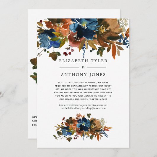 Ginger en Navy Bloemrijke Ingekorte Trouwgastenlij Aankondiging (Voorkant / Achterkant)