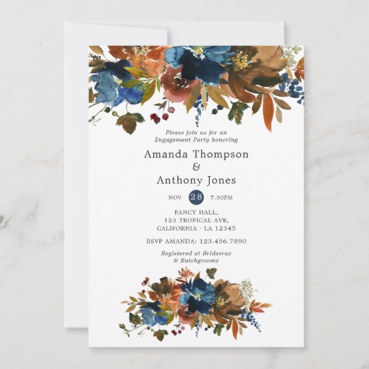 Ginger- en Navy Floral Engagement Party Kaart (Voorkant)