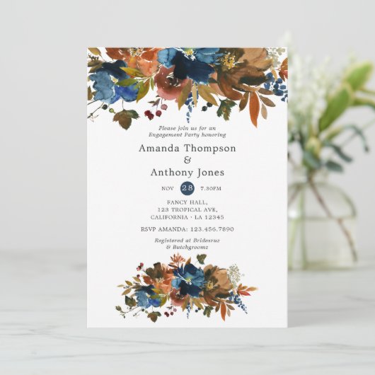 Ginger- en Navy Floral Engagement Party Kaart (Staand voorkant)