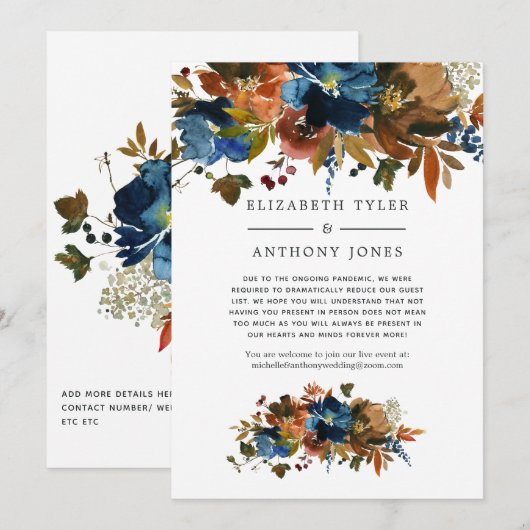 Ginger- en Navy Floral Reduced Wedding Guest List Aankondiging (Voorkant / Achterkant)