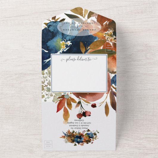 Ginger en Navy Floral Wedding All In One Uitnodiging (Buitenkant)