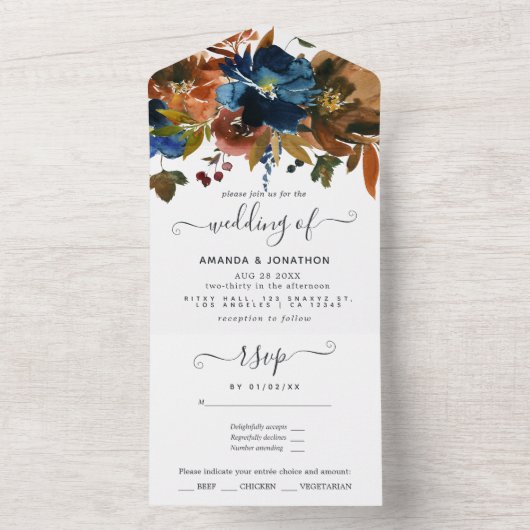 Ginger en Navy Floral Wedding All In One Uitnodiging (Binnen)