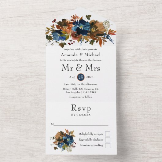 Ginger en Navy Floral Wedding All In One Uitnodiging (Binnen)