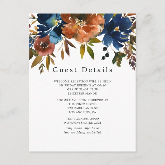 Ginger- en Navy Floral Wedding Guest - Gegevens Informatiekaartje (Voorkant)