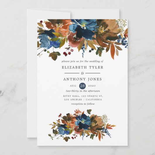 Ginger en Navy Floral Wedding Kaart (Voorkant)