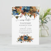 Ginger en Navy Floral Wedding New Date Kaart (Staand voorkant)