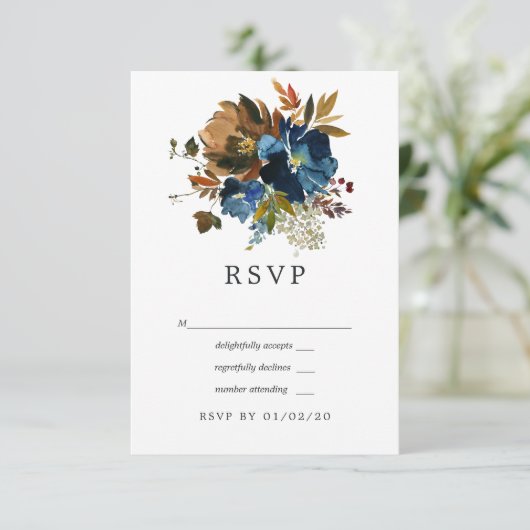 Ginger en Navy Floral Wedding RSVP Kaartje (Staand voorkant)