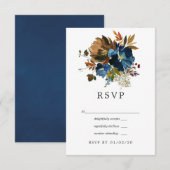 Ginger en Navy Floral Wedding RSVP Kaartje (Voorkant / Achterkant)