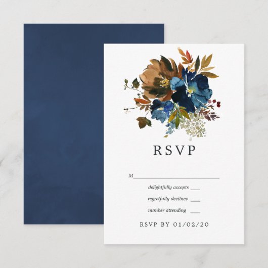 Ginger en Navy Floral Wedding RSVP Kaartje (Voorkant / Achterkant)