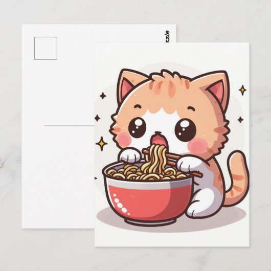 Ginger en witte kitten eten Ramen Briefkaart (Voorkant / Achterkant)