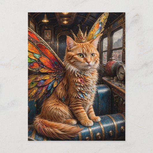 Ginger Fairy Cat Zit in een Train Briefkaart (Voorkant)