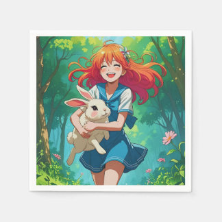 Ginger-harige anime meisje met haar konijn servet