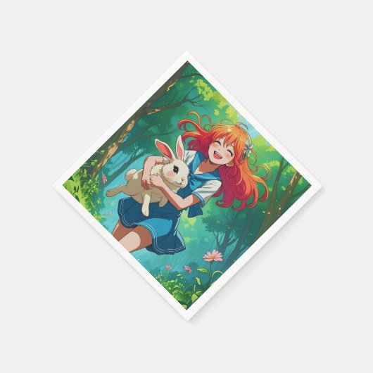 Ginger-harige anime meisje met haar konijn servet (Hoek)