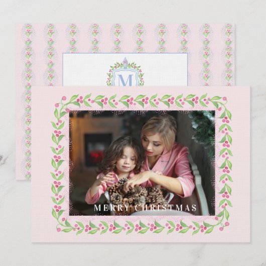 Ginger Jar & Christmas Berries Crest Monogram Kaart (Voorkant / Achterkant)