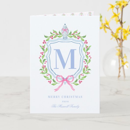 Ginger Jar & Christmas Berries Monogram Foto Kaart (Gele Bloem)