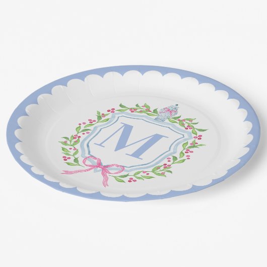 Ginger Jar & Christmas Berries Monogram Scalloped Papieren Bordje (Gekanteld)