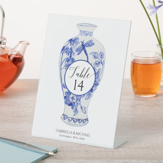 Ginger Jar Dragonfly Navy Blauw Wit Bruiloft Reclamebord Met Voetstuk (Insitu)