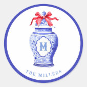 Ginger Jar Monogram | Rode strik Ronde Sticker (Voorkant)