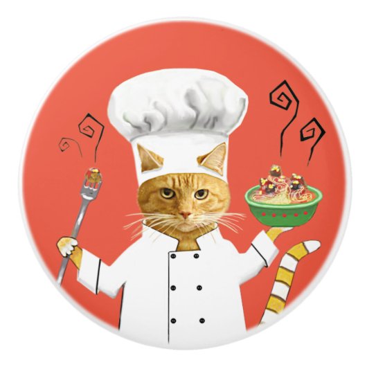 Ginger Kat Chef op Red Ceramic Knob Keramische Knop (Voorkant)