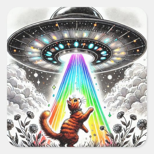 Ginger Kat en UFO Vierkante Sticker (Voorkant)