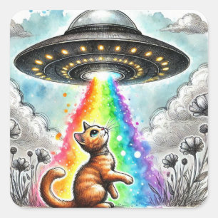 Ginger Kat en UFO Vierkante Sticker