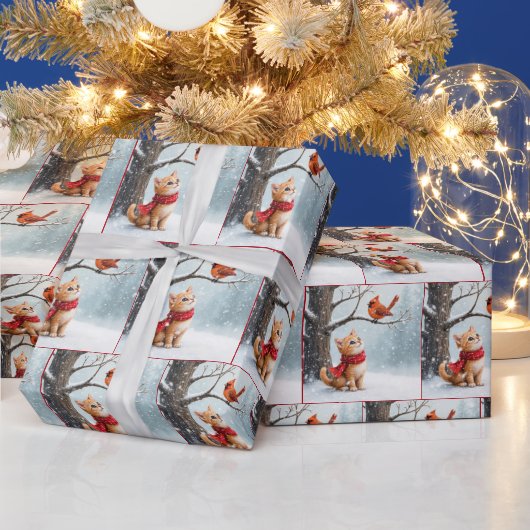 Ginger Kat Kijken naar een kardinaal Cadeaupapier (Feestdagen)