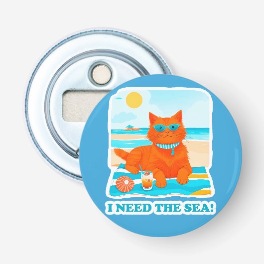 Ginger Kat op het Strand Ik Heb de Zee Nodig Zomer Button Flesopener (Voorkant)