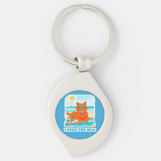 Ginger Kat op het Strand Ik Heb de Zee Nodig Zomer Sleutelhanger (Voorkant)