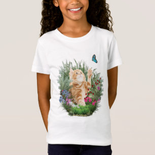 Ginger kitten die met een vlinder spelen t-shirt