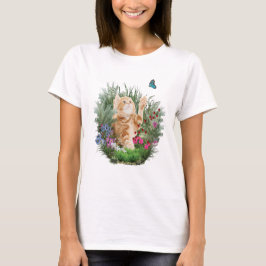 Ginger kitten die met een vlinder spelen t-shirt