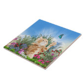 Ginger kitten die met een vlinder spelen tegeltje (Zijkant)