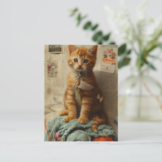 Ginger Kitten Garen Collage Gemengde media Briefkaart (Staand voorkant)