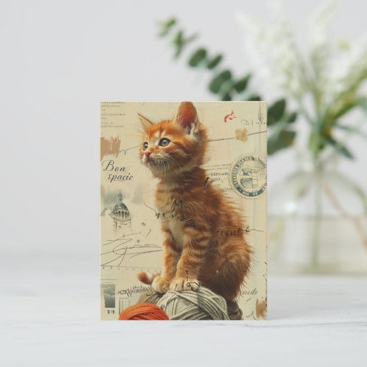 Ginger Kitten Garen Collage Gemengde media Briefkaart (Staand voorkant)