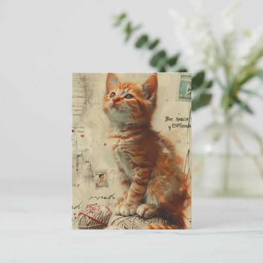 Ginger Kitten Garen Collage Gemengde media Briefkaart (Staand voorkant)