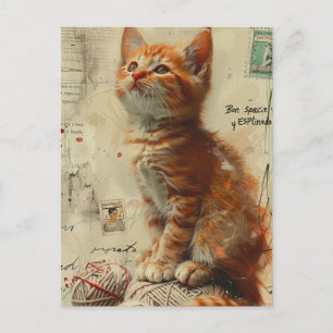 Ginger Kitten Garen Collage Gemengde media Briefkaart