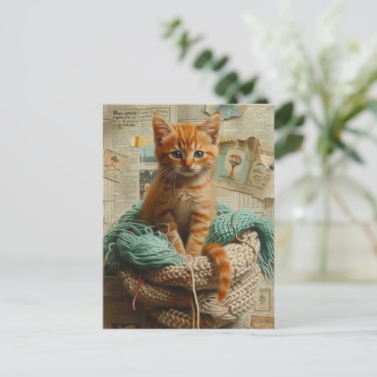 Ginger Kitten Garen Collage Gemengde media Briefkaart (Staand voorkant)