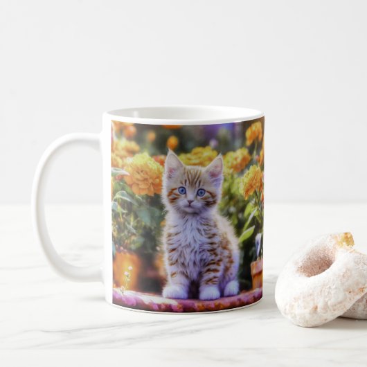 Ginger Kitten in een bloementuin Koffiemok (Met donut)