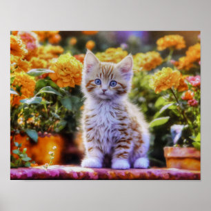 Ginger Kitten in een bloementuin Poster
