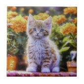 Ginger Kitten in een bloementuin Tegeltje (Voorkant)