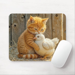 Ginger Kitten Knuffelen Een Baby Chick Muismat