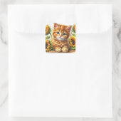 Ginger Kitten onder Zonnebloemen Art Vierkante Sticker (Tas)