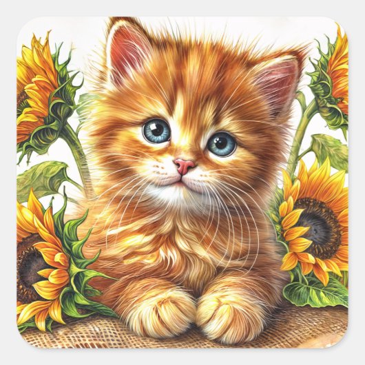 Ginger Kitten onder Zonnebloemen Art Vierkante Sticker (Voorkant)