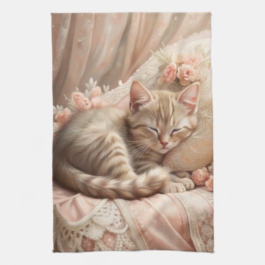 Ginger Kitten Slapen (Shabby Chic) Theedoek (Verticaal)