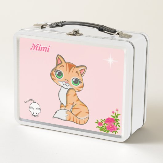 Ginger kitty cat, bloemen, muis en ster op roze (Voorkant)