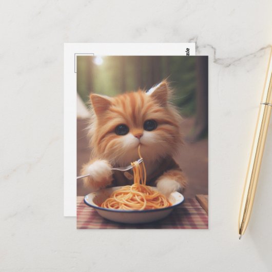 Ginger Kitty Eats Spaghetti Briefkaart (Voorkant / Achterkant in situ)