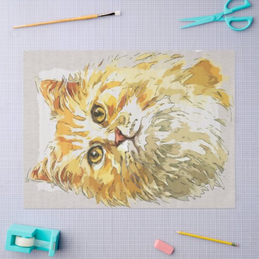 Ginger Longhair Cat Waterverf Schets Tissuepapier (Craft)